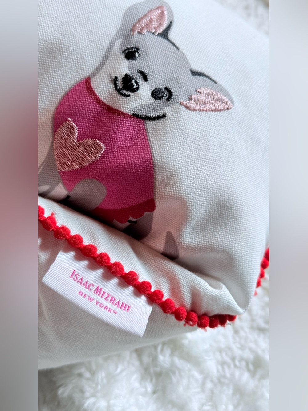 Isaac Mizrahi Dog Embroidered Accent Pillow, Pug Pillow and heated Pug stuffy.
